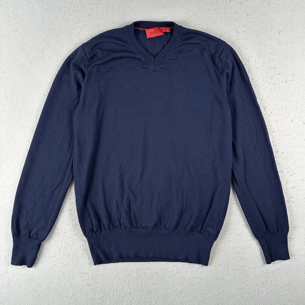 Hugo Boss V Neck Sweater Youth Boys XL Navy Blue Virgin Wool Pullover‎